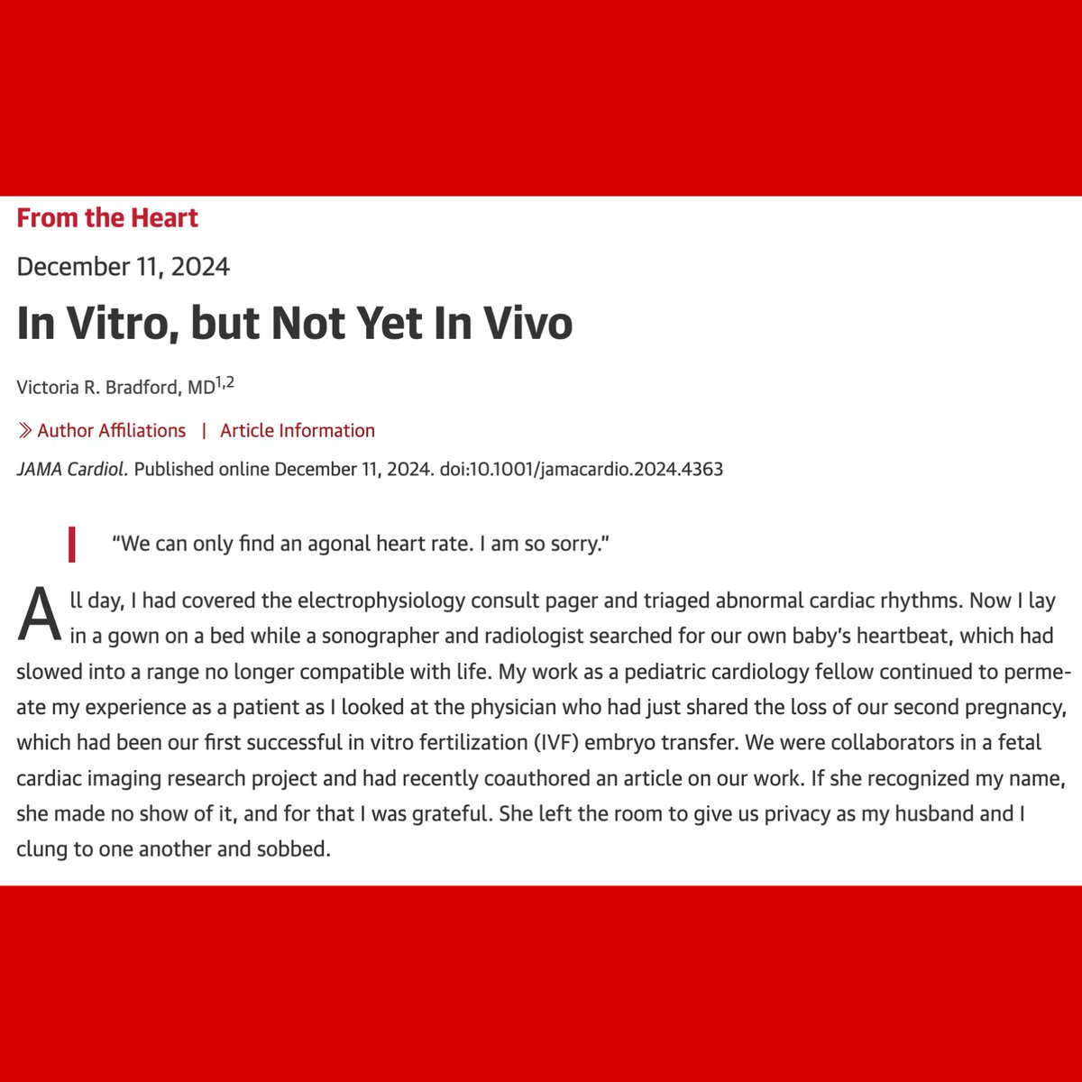 Victoria Robson Bradford (@vbradfordmd) on Twitter photo In Vitro, but Not Yet In Vivo
Excited to share this #perspectivepiece about balancing #IVF & loss with clinical training in <a href="/JAMACardio/">JAMA Cardiology</a>
So grateful to be a part of efforts with Boston Children's #GME to support trainees needing ART #meded
jamanetwork.com/journals/jamac… In Vitro, but Not Yet In Vivo
Excited to share this #perspectivepiece about balancing #IVF & loss with clinical training in <a href="/JAMACardio/">JAMA Cardiology</a>
So grateful to be a part of efforts with Boston Children's #GME to support trainees needing ART #meded
jamanetwork.com/journals/jamac…