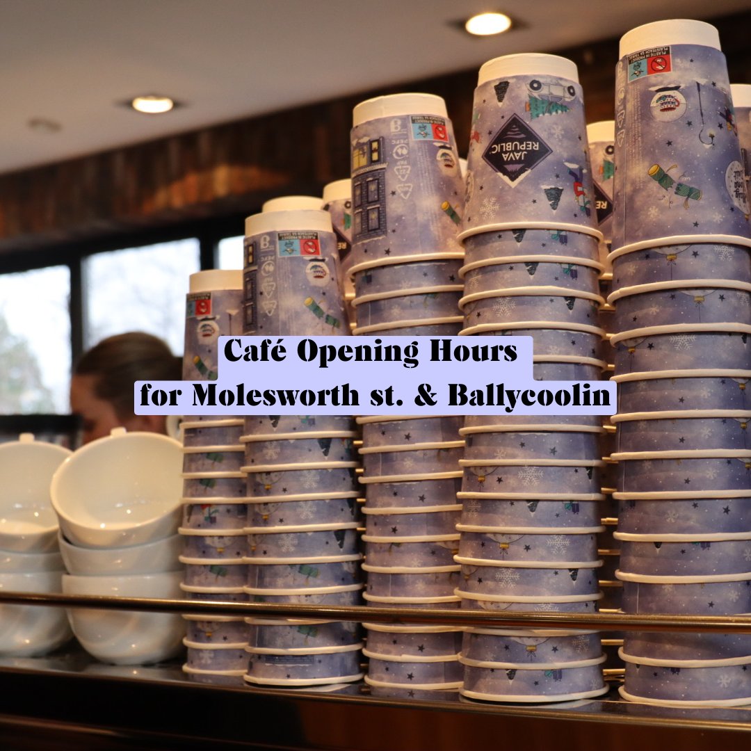 JavaRepublic's tweet image. Both cafes will close on the 23rd of December at 2pm and will reopen from the 2nd of January 2025.
Ballycoolin café will be serving Breakfast until 12pm. There will be no deli offering on this day and takeaway only will operate after 12pm until 2pm.