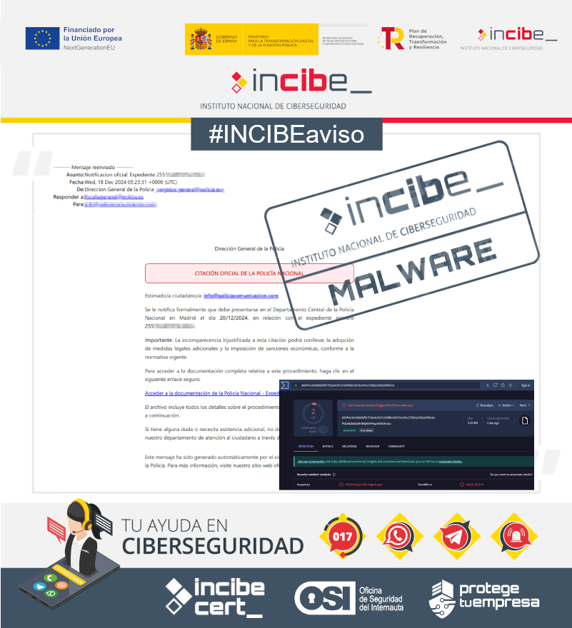 osiseguridad's tweet photo. ⚠️ #INCIBEaviso | Detectada una campaña de #phishing que suplanta la identidad de @policia con la excusa de una supuesta #citación judicial para infectar con #malware los dispositivos.

https://t.co/ubHweeY0jM

#AvisosDeSeguridad #NextGenerationEU https://t.co/dynlDKsh3n