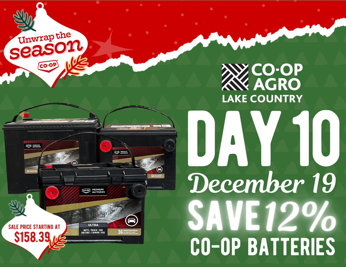 🚗It's Day 10 of Agro 12 Days of Deals!🚗

TODAY ONLY – Save on Co-op Batteries, with prices starting at just $158.39! Keep your vehicle powered up and ready to go this winter.  Don't wait - shop now!