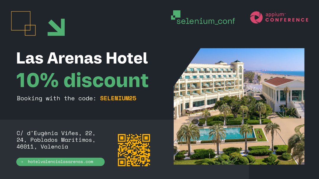 Stay at the official hotel of #SeleniumConf2025, Hotel Las Arenas Valencia, and get 10% off with code SELENIUM25! Event dates: March 26-28, 2025. Prime location near the beach &amp; event venue. Book now 👉 hotelvalencialasarenas.com/es/ #Valencia #SeleniumConf #AppiumConf