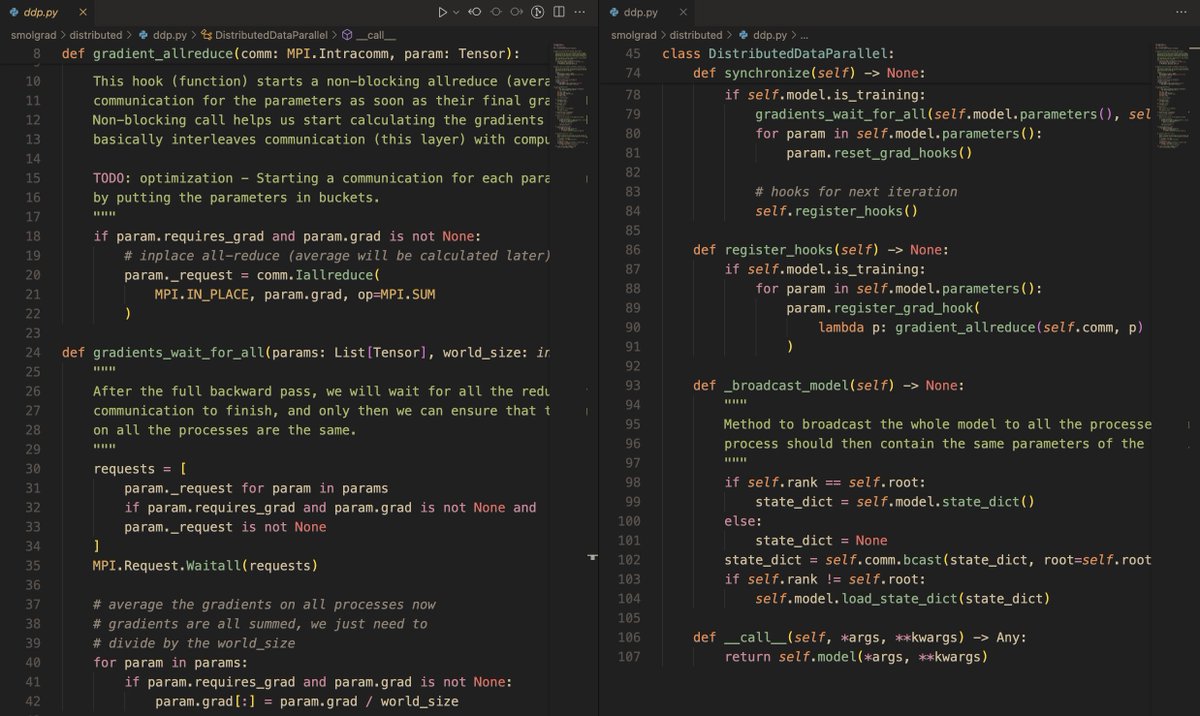 mrsiipa's tweet image. i have implemented data parallelism in around 100 lines of code in smolgrad that lets you train models in a distributed manner across the CPU cores/processes.