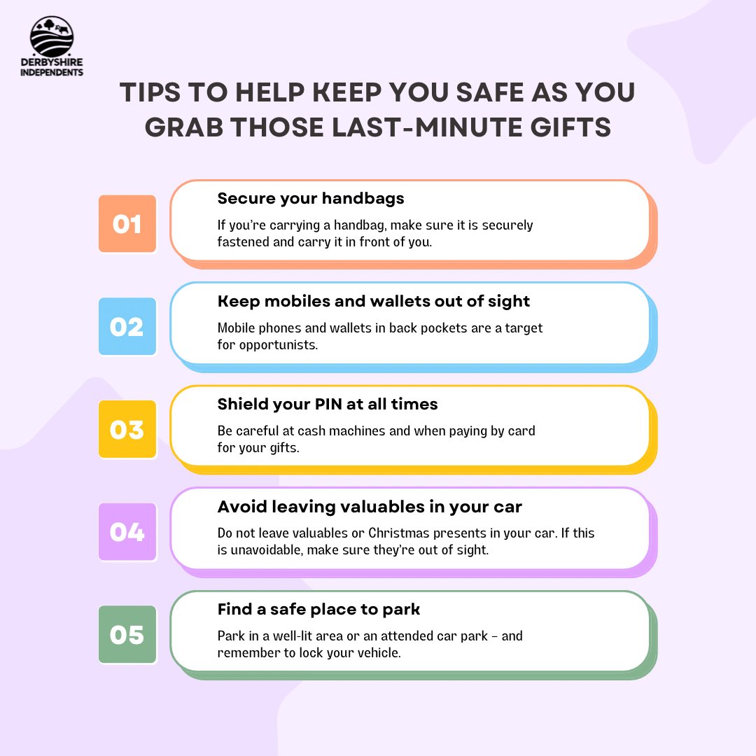Tips to help keep you safe as you grab those last minute Christmas gifts:

1. Secure your handbags
2. Keep mobiles and wallets out of sight
3. Shield your PIN at all times
4. Avoid leaving valuables in your car
5. Find a safe place to park