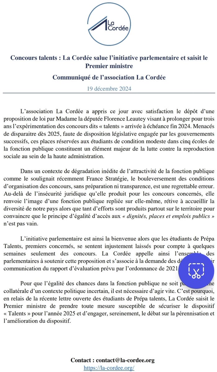 Concours talents : <a href="/LaCordeeAsso/">La Cordée</a> soutient la proposition de loi et saisit le Premier ministre. Communiqué 👇