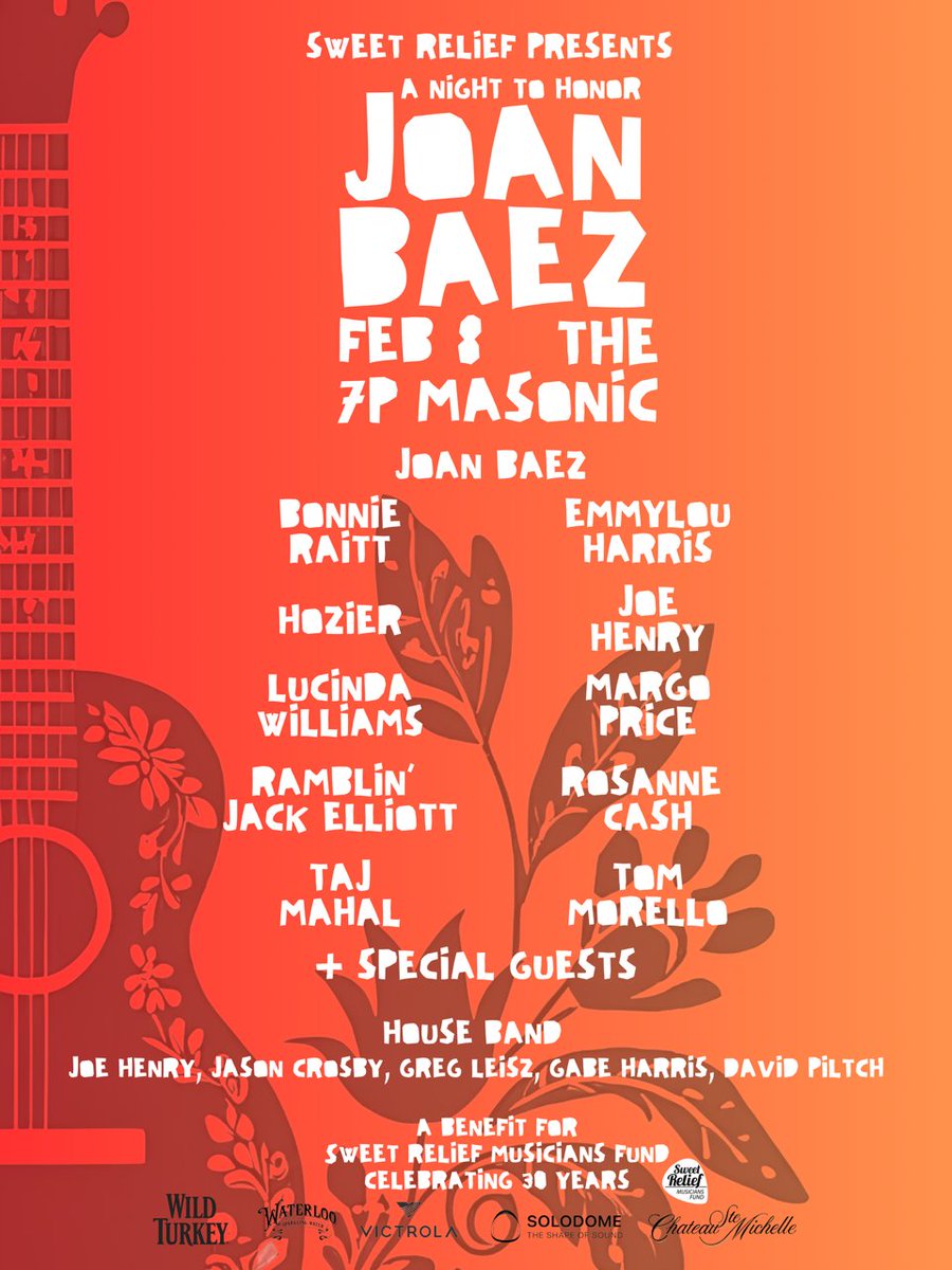 ON SALE TOMORROW! Join me, and this incredible lineup, on Feb. 8th, 2025, at The Masonic in San Francisco to honor the legendary Joan Baez and celebrate 30 years of Sweet Relief!

Tix &gt;&gt; bit.ly/honoringjoanba…