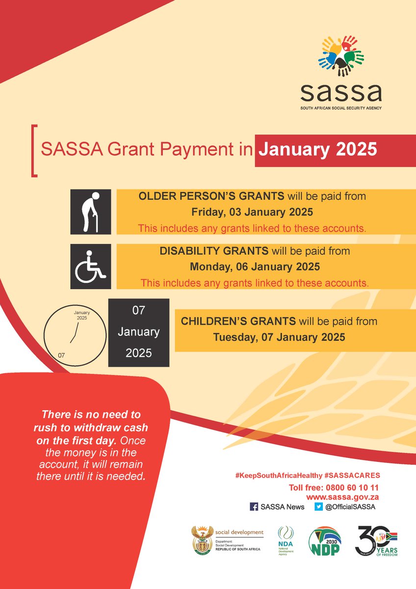 [REMINDER] Social grant payment dates for January 2025  #SocialGrantPayments
<a href="/GovernmentZA/">South African Government</a>
<a href="/The_DSD/">Social Development</a>
<a href="/GCISMedia/">GCIS Media Liaison</a>
<a href="/nda_rsa/">NDA-RSA</a>