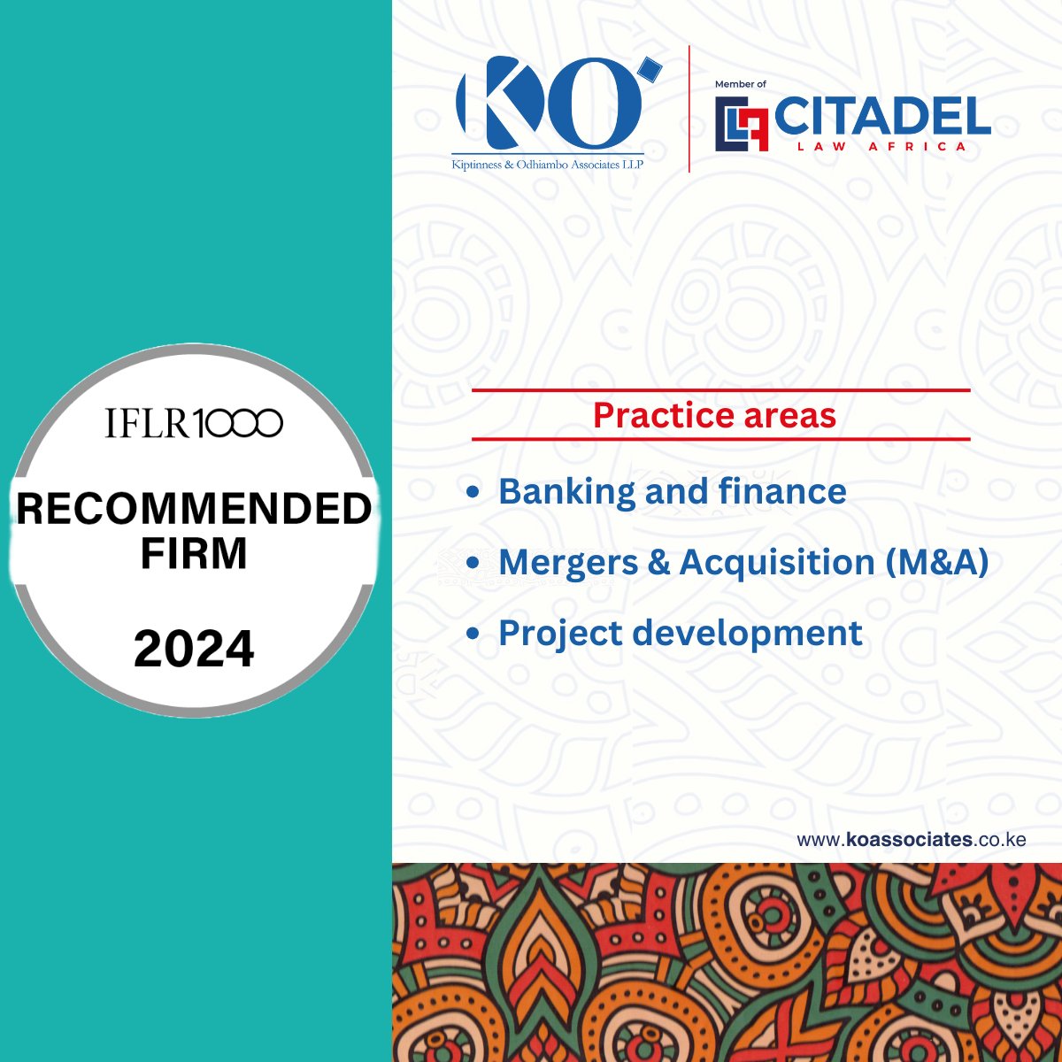We are proud to share that our Firm has been recognized as a Recommended Firm in #IFLR1000 2024 rankings🏆. We were ranked in Banking and Finance, M&amp;A and Project development.

This achievement reflects our team’s commitment in delivering excellent legal services.
