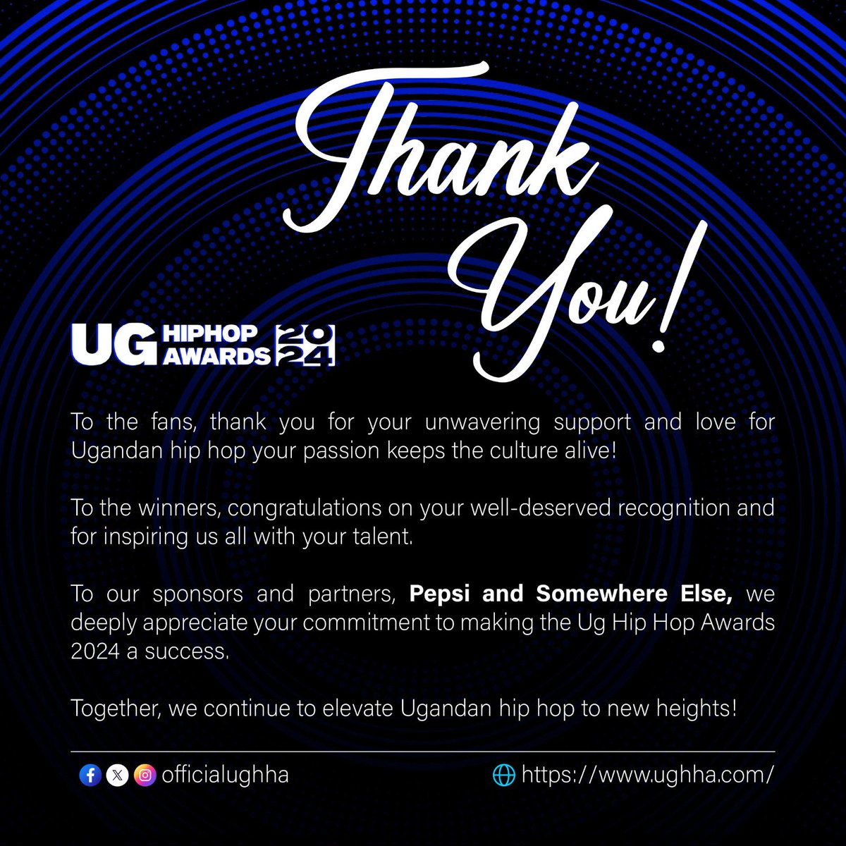 officialughha's tweet image. We extend our gratitude to the fans, nominees, winners;
sponsors and partners @PepsiUganda and @somewhereelse_kla
Thank you all! #UGHIpHop
#UGHipHopAwards2024 #UGHipHopAwards24