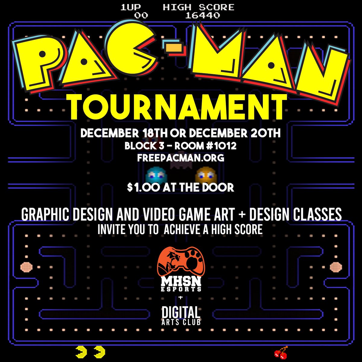 Graphic Design and Video Game Art and Design students invite you to participate in our <a href="/HighSchoolNorth/">High School North</a>
 1st Annual PAC-MAN Tournament Friday, December 20th Block 3 #technologyclasses #graphicdesign #videogamedesign
