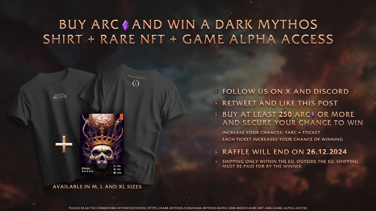 DarkMythosTCG's tweet photo. 🚨 Dark Mythos X-MAS Raffle - Win exclusive prizes🚨

👕 Dark Mythos T-Shirt
🖼️ Rare NFT ("Emsis")
🎮 Alpha access to the Dark Mythos game

How to enter:
1️⃣ Follow us on X & Discord
2️⃣ Like & Retweet this post
3️⃣ Purchase a minimum of 250 $ARC tokens (1 ARC = 1 ticket 🎟️)

Buy $ARC here: https://t.co/NkpliJAtGN

🗓️ Ends: Dec 26, 2024 23:59 CET

💡 Read Terms and Rules: https://t.co/70RbbPjSI8

Don't miss out! 🚀 #Raffle #DarkMythos #IOTA