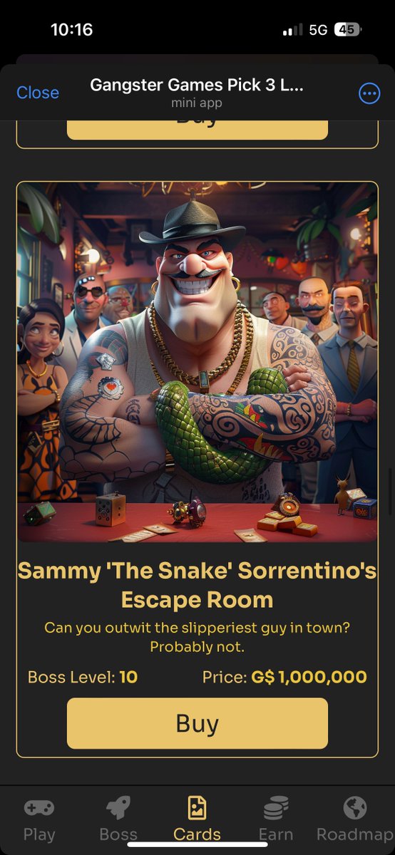 🧐 Think you’re slicker than Sammy "The Snake" Sorentino?  

🐍Come try your luck in his escape room—but be warned, he’s slipperier than a greased pizza!  

t.me/gangster_games…

#telegramminiapps #web3 #TON #cryptodailynews #Bitcoin #Bitcoin2024