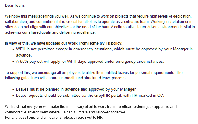 pespacitto's tweet photo. Indians will always find jugad to make things work.
For ex, this jugad by HRs to mandate WFO and stop people from taking WFH and working remotely is outrageous, pathetic and sad.
Of course it works for them but WTH??

Funny thing is, we don't even work as a team. You do your own. https://t.co/lCdBNQAZ8c