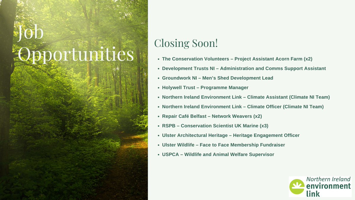 NI Environment Link (@environmentni) on Twitter photo 📢Job Alert! Closing Soon! 📢
Multiple environmental roles available!
For more info visit: bit.ly/3lGwOl1
<a href="/TCV_NI/">The Conservation Volunteers NI</a> <a href="/devtrustsni/">Development Trusts NI</a> <a href="/GroundworkNI/">Groundwork Northern Ireland</a> <a href="/HolywellT/">Holywell Trust</a> <a href="/repaircafebfast/">Repair Café Belfast</a> <a href="/RSPBNI/">RSPB NI</a> <a href="/ulsterahs/">Ulster Architectural Heritage</a> <a href="/UlsterWildlife/">Ulster Wildlife</a> <a href="/USPCA_Official/">USPCA Official</a> 📢Job Alert! Closing Soon! 📢
Multiple environmental roles available!
For more info visit: bit.ly/3lGwOl1
<a href="/TCV_NI/">The Conservation Volunteers NI</a> <a href="/devtrustsni/">Development Trusts NI</a> <a href="/GroundworkNI/">Groundwork Northern Ireland</a> <a href="/HolywellT/">Holywell Trust</a> <a href="/repaircafebfast/">Repair Café Belfast</a> <a href="/RSPBNI/">RSPB NI</a> <a href="/ulsterahs/">Ulster Architectural Heritage</a> <a href="/UlsterWildlife/">Ulster Wildlife</a> <a href="/USPCA_Official/">USPCA Official</a>