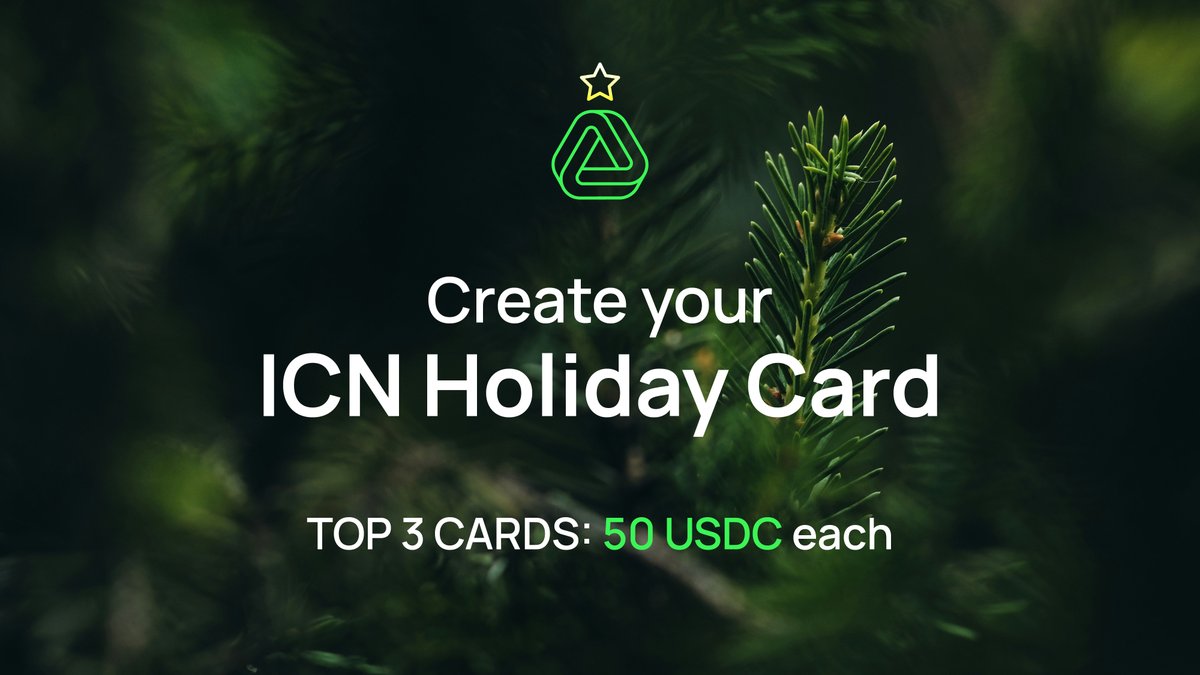 ICN_Protocol's tweet photo. 🎁 Get festive with ICN! 🎄

It’s time to design your best ICN Holiday Card! Post your creative card in the comments for a chance to win 50 USDC 💸. The ICN team will select 3 best cards!

Prizes:
🏆 Top 3 Holiday Cards: 50 USDC each

You’ve got until Sunday - let the holiday spirit flow! 🎨

👇 Put your ICN Holiday Cards in the comments and add #ICNholiday👇