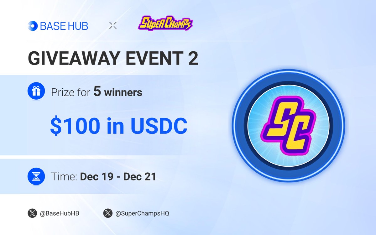 🔊 GIVEAWAY EVENT 2 🤝

🎁 Prize pool for 5 winners
$100 in USDC

✔️ To Enter:
1️⃣ Follow <a href="/BaseHubHB/">Base Hub 🛡️</a> x <a href="/SuperChampsHQ/">Super Champs</a>
2️⃣ ❤️ and Repost
3️⃣ Tag 3 friends

⏰ Dec 19 - Dec 21

#Base #Airdrop #Giveaway 🎮