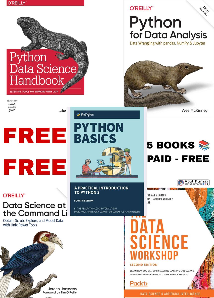 FREE         FREE         FREE          FREE

5 Python Books for Data Science ( Drive 🗃️)

24.65 GB All paid MEGA Collection 

Worth: 699$

Follow for DM.
Like and repost this content.
Reply with " Book "

[ FREE for first 5000 people ]😍👇