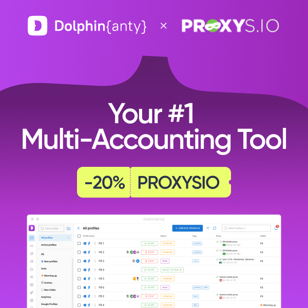 Dolphin{anty} — a reliable anti-detect browser for multi-accounting in affiliate marketing, crypto, e-commerce, etc.

Manage proxies, set up automation, and collaborate in one window! ✅

🚀 Scale your business and forget about limitations! 

TRY NOW ➡️ dolp.link/proxysx