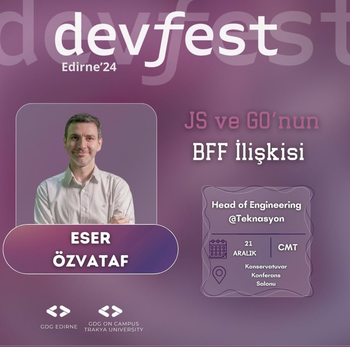 GDGEdirne's tweet photo. 🌟DevFest Edirne’de sahne alacak son konuşmacımız!🥳
Eser Özvataf “JS ve Go’nun BFF İlişkisi“ sunumuyla bizlerle olacak.
Sen de katıl, harika bir gün geçirelim.🚀
Detaylar ve kayıt 👇🏻👇🏻👇🏻
https://t.co/kntQjBf0lq

#dfedi #devfestedirne https://t.co/y9THjf26jc