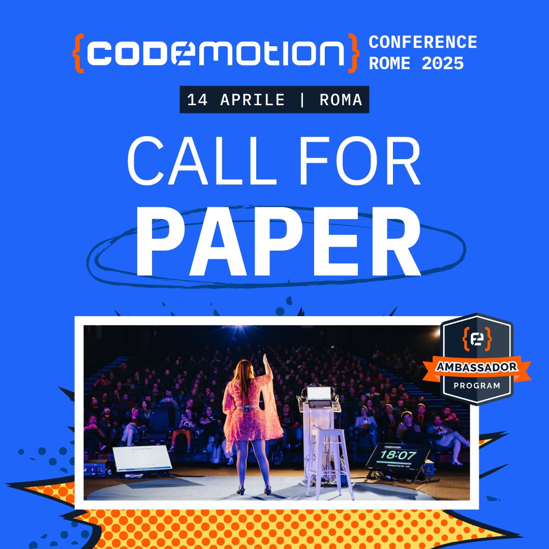 sumy92's tweet photo. The Call for Papers for #CodemotionRome is open!
I’m looking forward to reading all your submissions and if you’re new to speaking, the #CodemotionWannabeSpeakerProgram is a great place to start!
The CFP is open until January 23th: https://t.co/JtZHuVWscb
#CodemotionAmbassador https://t.co/eBrloOWkud