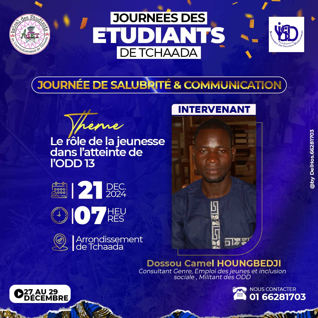 Le Samedi 21 décembre prochain,  nous serons à l'arrondissement de Tchaada avec l' Amical des Étudiants de Tchaada (AdET) pour une séance de salubrité suivi d'une communication sur le rôle de la jeunesse dans l'atteinte de l'ODD13.

Prénez le rendez-vous.

#JET
#AdET
#YISID