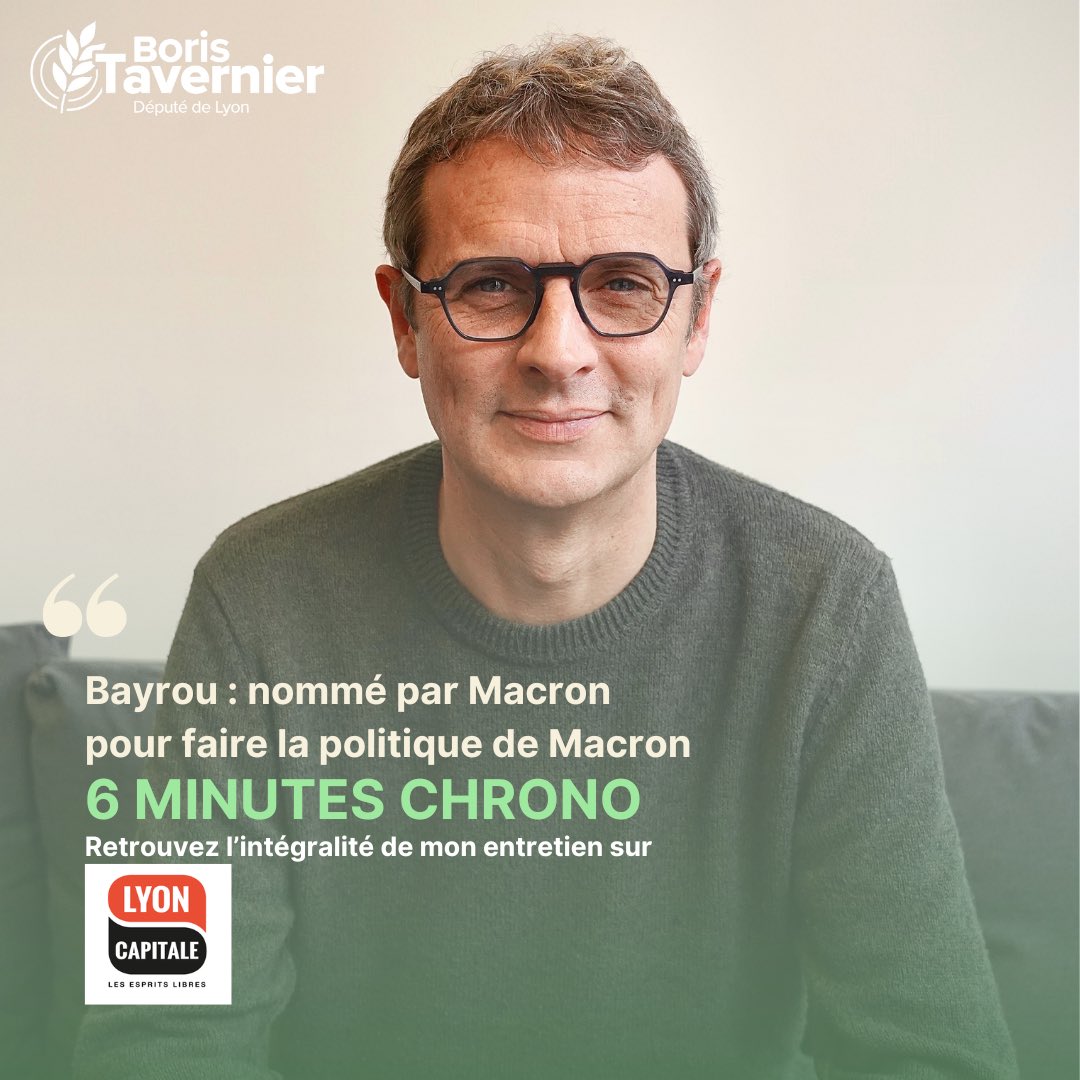 🎙️ Sur « 6 minutes chrono » de Lyon Capitale, je reviens sur les dernières actualités politiques : la nomination de François Bayrou comme Premier ministre, la composition du futur Gouvernement, budget, motion de censure...

▶️ Mon entretien : lyoncapitale.fr/lctv/video/bay…