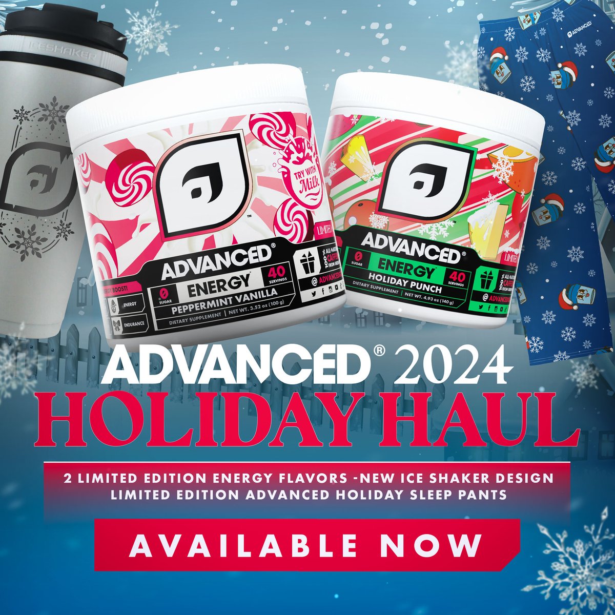 b34rd1's tweet photo. Oh yeah, 

Two new limited flavors, limited shaker, limited holiday themed lounge pants

 I be mixing hydration and energy because it hits and the flavor combos go stupid! Snagging a vanilla pep for sure and a strawberry shortcake. 

USE CODE B34RD TO GET 10% OFF YER PURCHASES ❤️ https://t.co/hbepw32jLD
