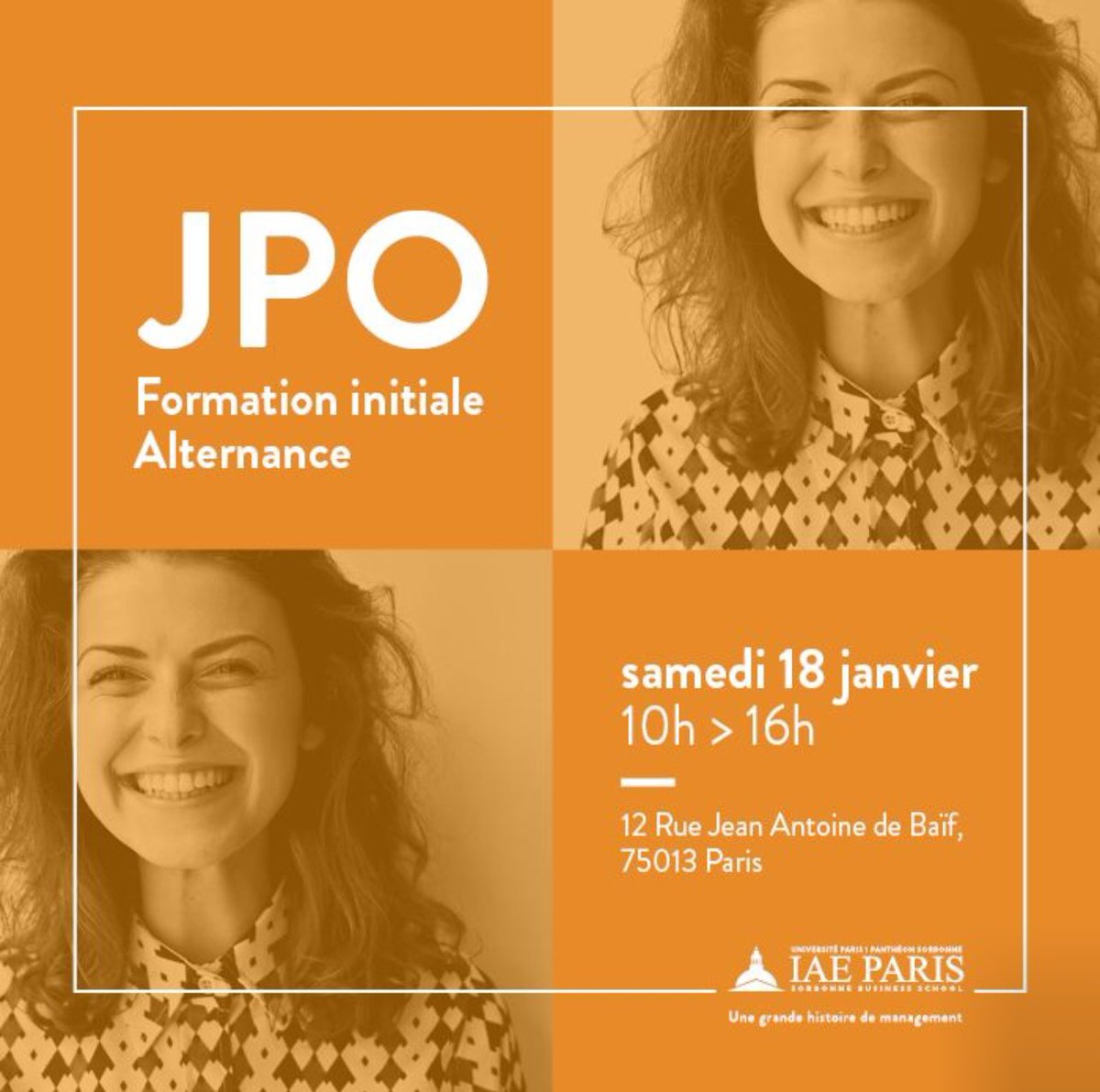 Samedi 1️⃣8️⃣ janvier de 10h à 16h, assistez à notre Journée Portes Ouvertes dédiée à la #formation initiale/alternance !

C’est un moment privilégié pour faire le bon choix pour votre poursuite d'études ❗ 

Inscrivez-vous 👇
iae-paris.com/fr/jpo