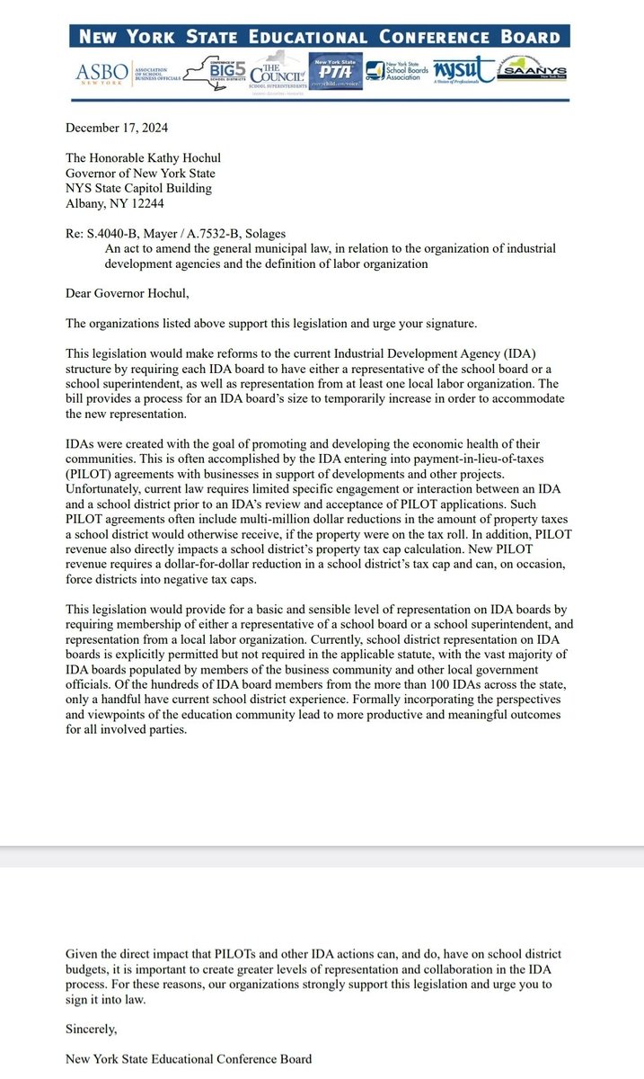 Brian Fessler (@fessland) on Twitter photo The <a href="/NYSECB/">NYSECB</a> calls on <a href="/GovKathyHochul/">Governor Kathy Hochul</a> to sign S.4040B (<a href="/ShelleyBMayer/">Senator Shelley Mayer</a>)/A.7532B (<a href="/SolagesNY/">Michaelle C. Solages</a>) into law. The bill would include basic school district representation in the IDA and PILOT deal process. <a href="/nyschoolboards/">New York State School Boards Association</a> <a href="/NYSchoolSupts/">NYSCOSS</a> <a href="/ASBONewYork/">ASBO New York</a> <a href="/SAANYS/">SAANYS</a> <a href="/Big5Schools/">Conference of Big 5 School Districts</a> <a href="/NYSPTA/">NYS PTA</a> <a href="/nysut/">NYSUT</a> The <a href="/NYSECB/">NYSECB</a> calls on <a href="/GovKathyHochul/">Governor Kathy Hochul</a> to sign S.4040B (<a href="/ShelleyBMayer/">Senator Shelley Mayer</a>)/A.7532B (<a href="/SolagesNY/">Michaelle C. Solages</a>) into law. The bill would include basic school district representation in the IDA and PILOT deal process. <a href="/nyschoolboards/">New York State School Boards Association</a> <a href="/NYSchoolSupts/">NYSCOSS</a> <a href="/ASBONewYork/">ASBO New York</a> <a href="/SAANYS/">SAANYS</a> <a href="/Big5Schools/">Conference of Big 5 School Districts</a> <a href="/NYSPTA/">NYS PTA</a> <a href="/nysut/">NYSUT</a>