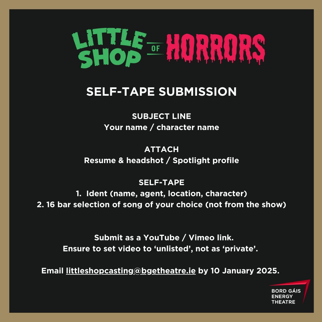 🪴 LET’S GET READY TO GROW 📷 CASTING CALL

<a href="/BGETheatre/">Bord Gáis Energy Theatre</a> &amp; @theatreworx_productions are searching for principal cast of the highly anticipated LITTLE SHOP OF HORRORS. 
See For More Info: instagram.com/bordgaisenergy…