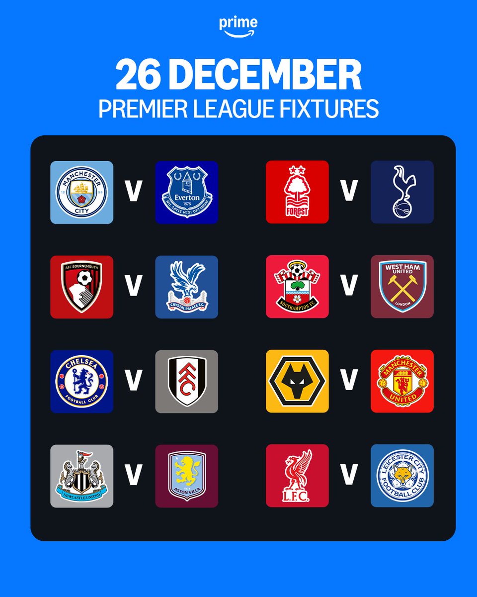 Boxing Day Premier League action! 🤩⚽️

All matches are 𝗟𝗜𝗩𝗘 𝗢𝗡 𝗣𝗥𝗜𝗠𝗘 in the UK! 

#PLonPrime