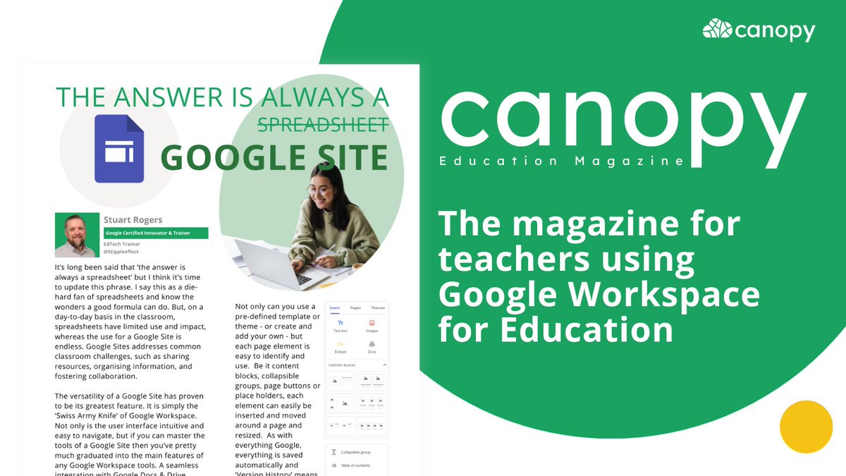 Check out <a href="/CanopyCIC/">Canopy</a>’s magazine, featuring my article: The Answer Is Always a Google Site

Read here 👉 account.canopy.education/magazine