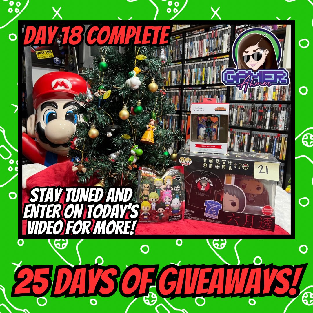 GamerAhmer's tweet photo. Day 18 has completed! Stay tuned for today’s short and be sure to comment for a chance to win! #videogames #games #gamerahmer #christmas #25daysofchristmas #25daysofgiveaways #giveaway #anime #myheroacademia #retrogaming #nintendo #happyholidays https://t.co/mukb3qobVG