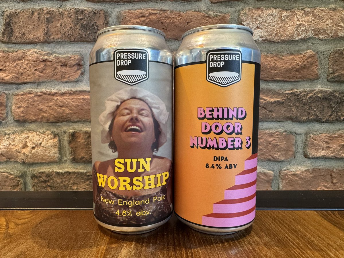 New in from @pressuredropbrw 
-Sun Worship 4.8% NE Pale
-Behind Door Number 3 8.4% DIPA