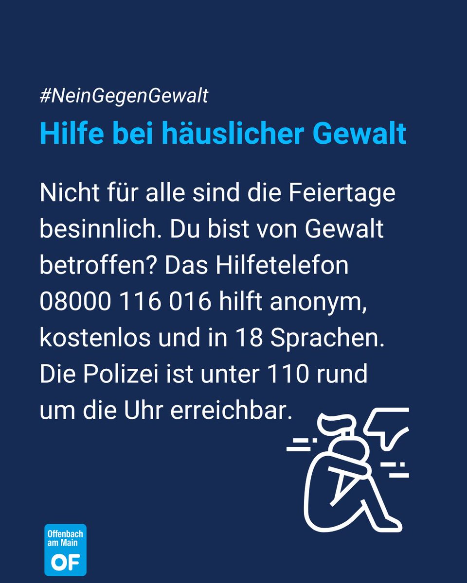 Gerade an Feiertagen häufen sich die Fälle von häuslicher #Gewalt – Frauen sind hiervon besonders betroffen. Die Polizei ist rund um die Uhr über den Notruf 110 erreichbar und das Bundesweite Hilfetelefon Gewalt gegen Frauen unter 08000 116 016. #Offenbach