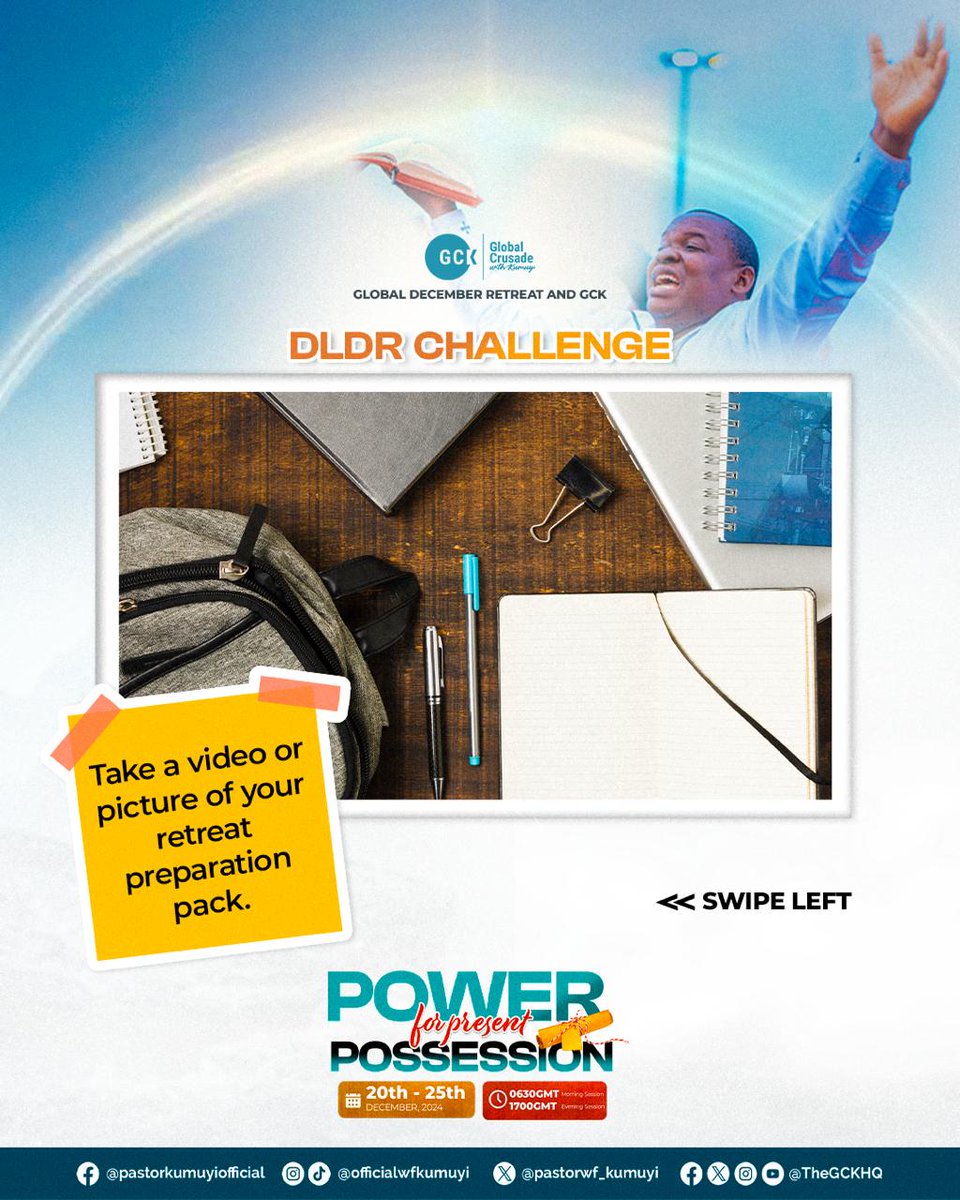 TheGCKHQ's tweet photo. Join the #DLDR2024 #GetReady Challenge

1. Take a video/picture of your retreat prep pack.
2. Post on social media, challenging 3 friends to do the same!
2. Tag @TheGCKHQ and @DCLMHQ on all platforms.
4. Use #DLDR2024 #GCKinLagos

LET'S GET READY TOGETHER! 
See you at #DLDR2024 https://t.co/nwRVIHxEiV