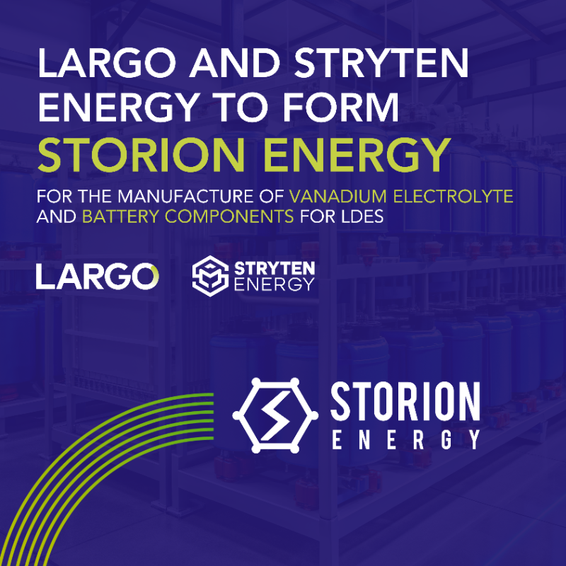 largo_inc's tweet photo. Excited to announce #StorionEnergy, a JV between #LargoCleanEnergy &amp; @StrytenEnergy! 

Storion will lead U.S. #vanadium electrolyte production &amp; expand into #vanadiumflowbattery components for the growing #LDES market with @LPVanadium's electrolyte leasing model. 

Learn more ↓