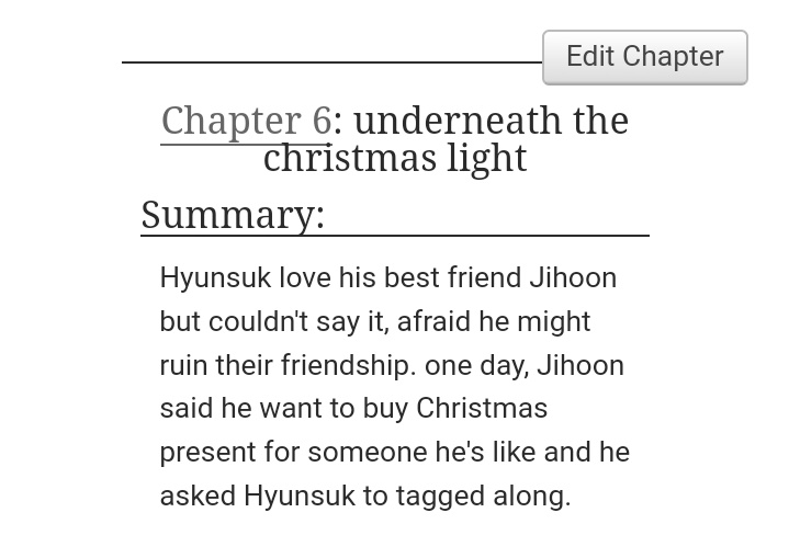 nwriting11's tweet photo. hoonsuk Christmas fic

D-10 : Underneath the Christmas Light 

tags :
🏷️ bxb
🏷️ English 
🏷️ bestfriends to lovers
🏷️ ao3, 1K+ words

link : https://t.co/ArcbVAefXJ https://t.co/FJDkCw7Jxe