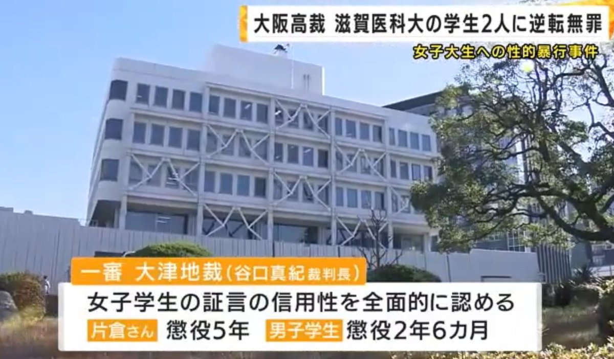 tkzwgrs's tweet image. 強姦で有罪判決を喰らい退学処分の男子学生、和姦の可能性が高まり逆転無罪判決

▼滋賀医科大の男子学生2人
・別大学のJDに性的暴行＆撮影した罪で起訴
・一審では女性裁判長がJD側の証言を全面的に信用し男子学生らに懲役2.5～5年の実刑判決
・二審では男性裁判長が…