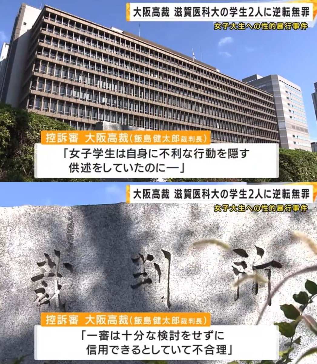 tkzwgrs's tweet image. 強姦で有罪判決を喰らい退学処分の男子学生、和姦の可能性が高まり逆転無罪判決

▼滋賀医科大の男子学生2人
・別大学のJDに性的暴行＆撮影した罪で起訴
・一審では女性裁判長がJD側の証言を全面的に信用し男子学生らに懲役2.5～5年の実刑判決
・二審では男性裁判長が…