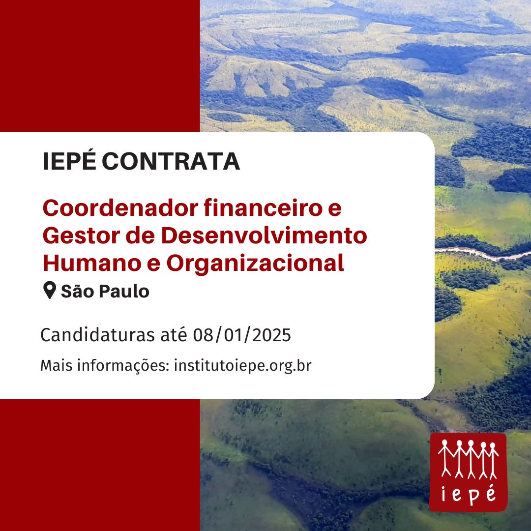 Temos Vagas!

Coordenador(a) Financeiro(a): encurtador.com.br/Ua9nI

Gestor(a) de Desenvolvimento Humano e Organizacional: encurtador.com.br/fe4Ej

Inscrições: Até 8 de janeiro de 2025.
Local de trabalho: São Paulo (SP).

Leia o edital completo no site do Iepé.

#TrabalheConosco