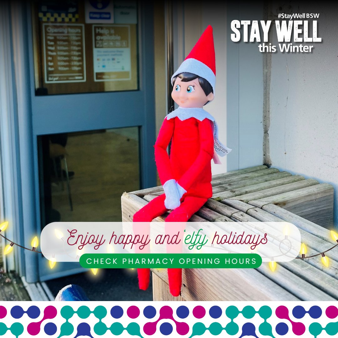NHSBSWICB's tweet photo. Remember to prepare for different opening hours at your pharmacy over the festive period. 

Check opening times and remember to collect your prescriptions.

https://t.co/6tKQE5A5rq

#HealthElfOnTheShelf #StayWellBSW https://t.co/QzWAXqm9FD