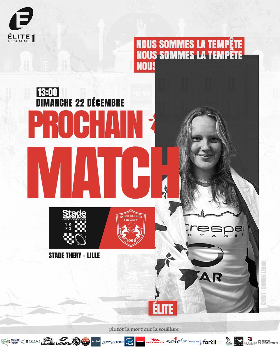 Élite : Stade Villeneuvois x Stade Rennais Rugby ⛈️

Dernier match de la saison 2024 et déplacement à Lille pour clôturer l'année. ❤️🖤

🗓️ Dimanche 22 Décembre
🏟️ Stade Thery 
⏰ Coup d’envoi 13h00