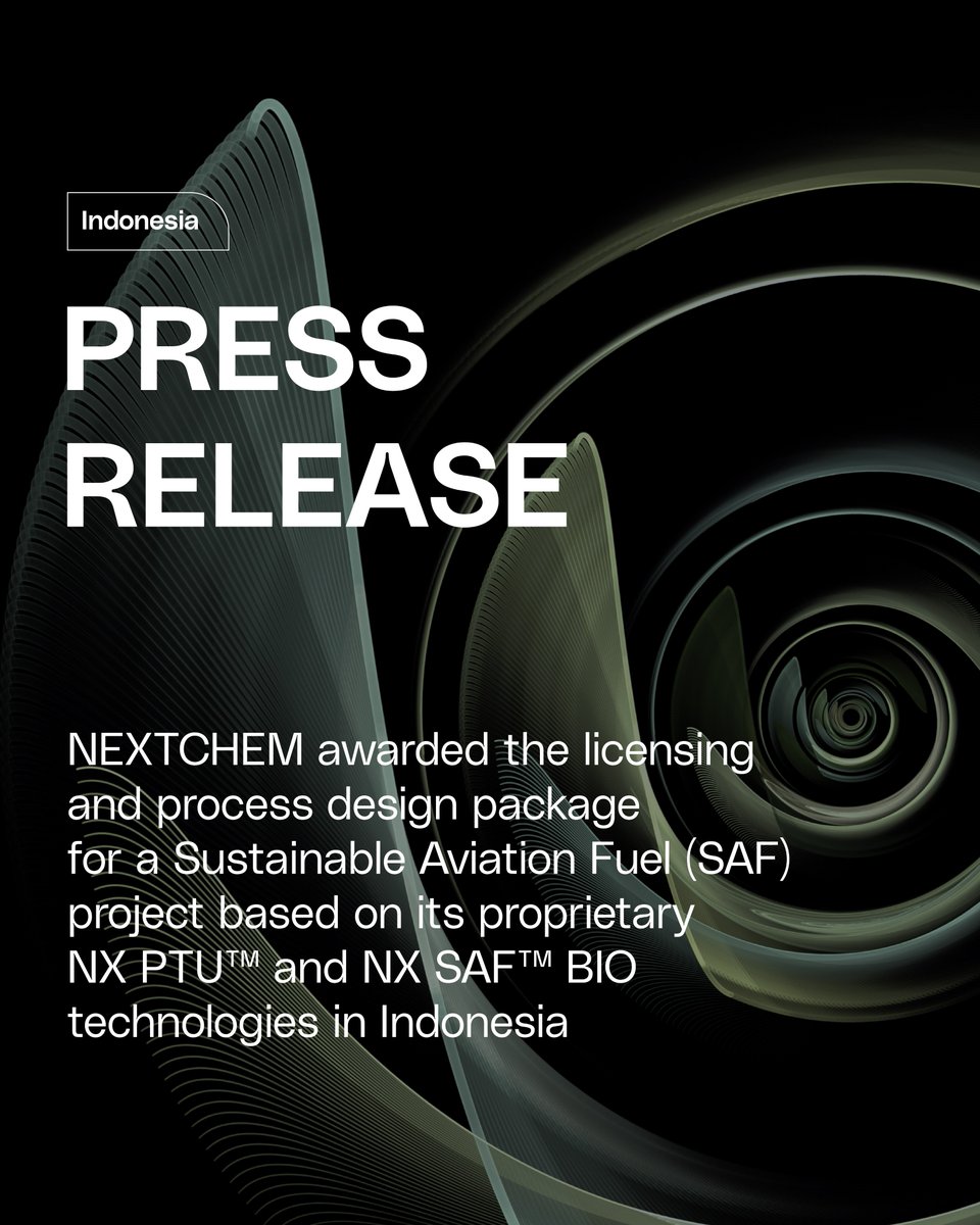 NextChem_MT's tweet photo. NEXTCHEM has been awarded the licensing and Process Design Package for a highly efficient Sustainable Aviation Fuel (SAF) plant in Indonesia. 

➡️This plant will primarily use palm oil mill effluent, fully valorizing this local feedstock.

➡️ Read more: https://t.co/5KgrOJmtnu https://t.co/LVfy2MVvZy