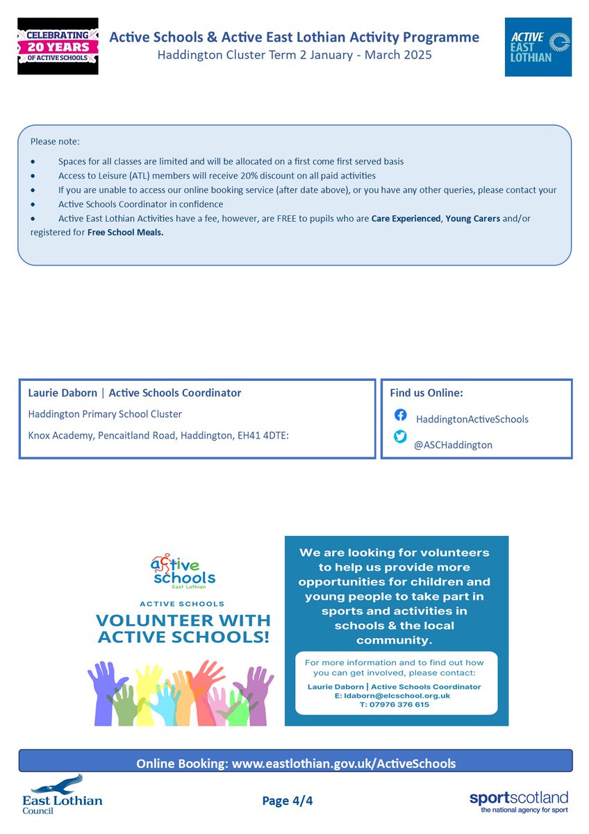 Free classes live to book from 6pm 7th of January 2025
Paid classes live to book from 6pm 3rd of February 2025
eastlothian.gov.uk/activeschools