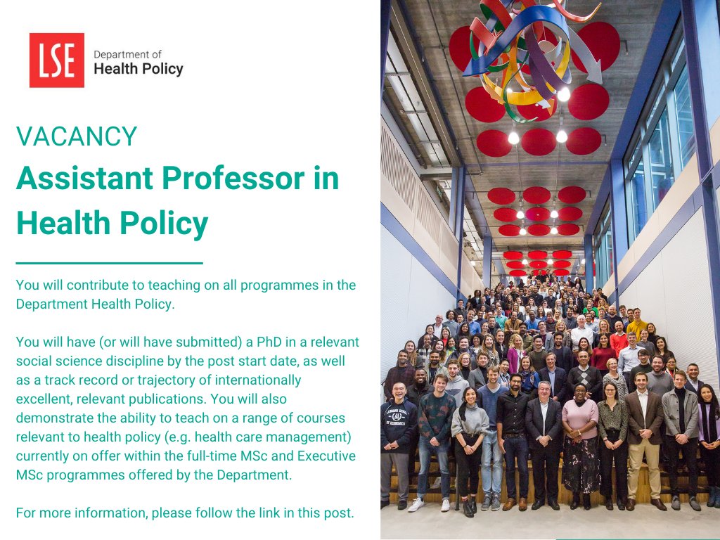LSE Health Policy (@lsehealthpolicy) on Twitter photo 📣 We're recruiting for an Assistant Professor to join our world-leading department.
 
 ⏳ Closing date: Friday, 14 February 2025
 
 🔗 Learn more and apply now: bit.ly/4fq1aP5
 
#LSEHealthPolicy #Hiring 📣 We're recruiting for an Assistant Professor to join our world-leading department.
 
 ⏳ Closing date: Friday, 14 February 2025
 
 🔗 Learn more and apply now: bit.ly/4fq1aP5
 
#LSEHealthPolicy #Hiring