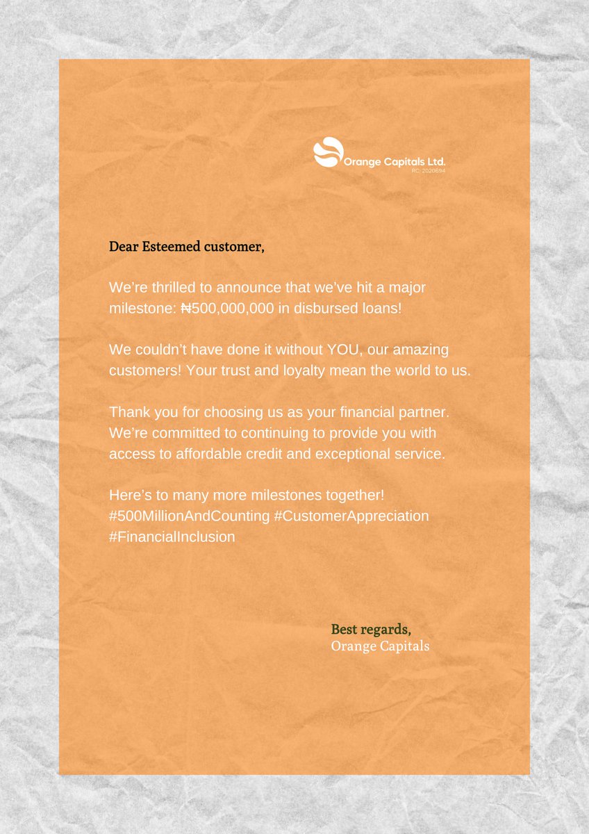 Orange_capitals's tweet photo. We’re thrilled to announce that we’ve hit a major milestone: ₦500,000,000 in disbursed loans!

We couldn’t have done it without YOU, our amazing customers! Your trust and loyalty mean the world to us.

Thank you for choosing us as your financial partner. #financialinclusion https://t.co/nKNmVU1xgw
