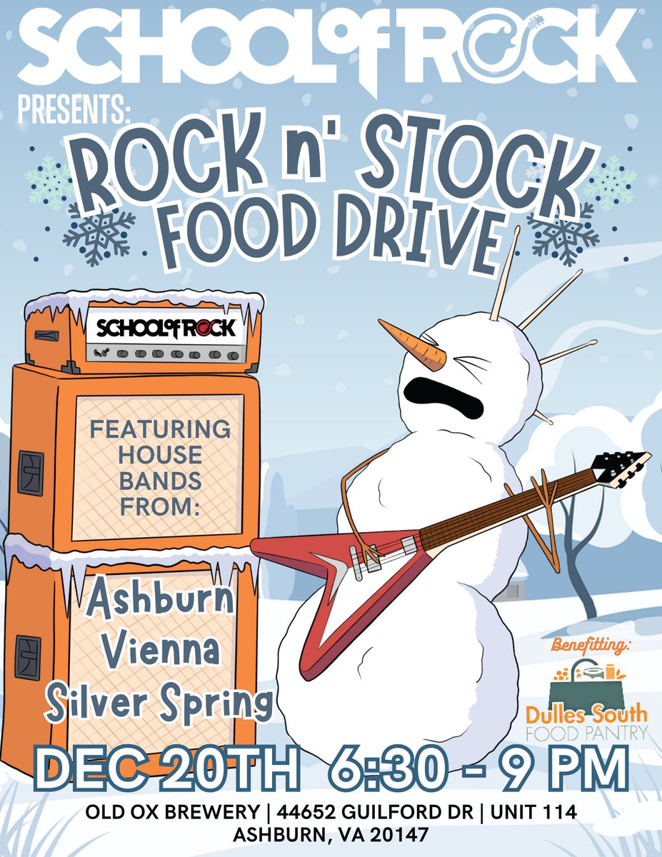 Join us TONIGHT for the School of Rock n' Stock Food Drive and Concert benefitting the Dulles South Food Pantry!