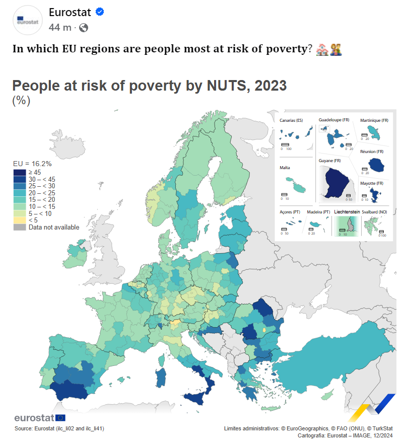 Posledniskaut's tweet image. Eurostat: Ve kterých regionech EU jsou lidé nejvíce ohroženi chudobou?