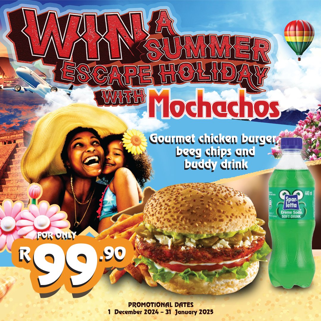 Mochachos's tweet photo. ✈️ Buy our Gourmet Chicken Burger, BEEG chips, and Buddy Drink for only R99.90 and WIN:

3 winners will share R155 000 worth of travel vouchers.

How to Enter:
🌶️ Like &amp; follow
🌶️ Share with friends
🌶️ Upload your till slip https://t.co/CyB6jBPZy5

Ready for a Summer Escape? https://t.co/U17aMrXe58