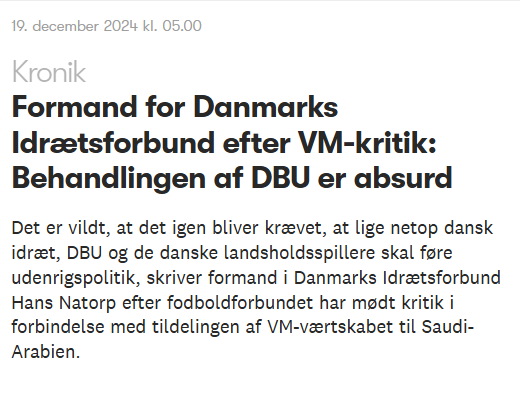 Jeg kommenterer på denne kronik af <a href="/DIFidraet/">DIF - Bevæger Danmark</a>'s formand <a href="/hnatorp/">Hans Natorp</a> på <a href="/radio4dk/">RADIO IIII</a> i morgen tidlig omkring kl. 07.00.

altinget.dk/idraet/artikel…